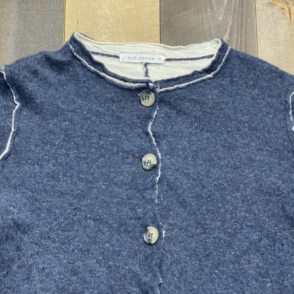 Cut Loose Women's SMALL Boiled Wool Collarless Crop Asym Cardigan BLUE MOON - Picture 2 of 3